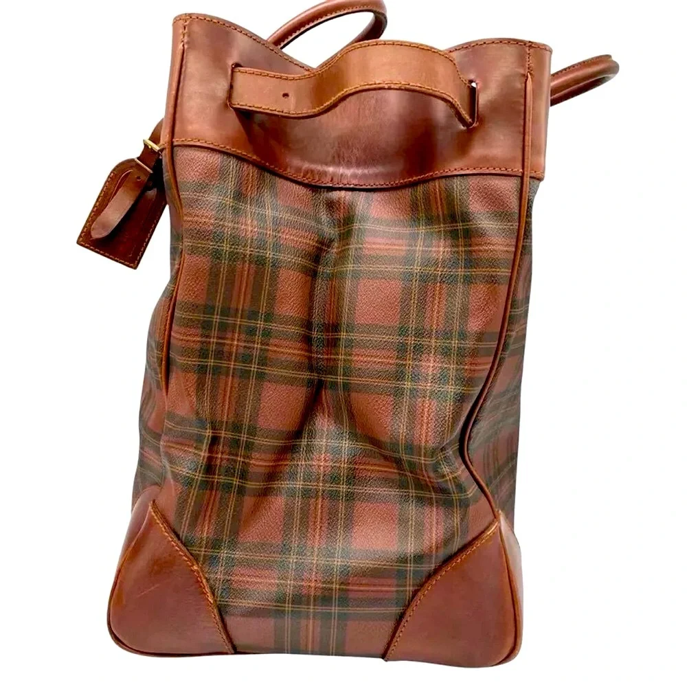 RALPH LAUREN Tall Tartan Plaid Brown Boston Weekend Travel Duffle Doctor Bag